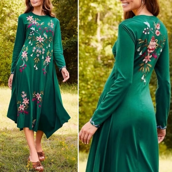 Johnny Was Dresses & Skirts - Johnny Was Amarylla Dress Small Emerald Green Cotton Embroidered Asymmetric Boho